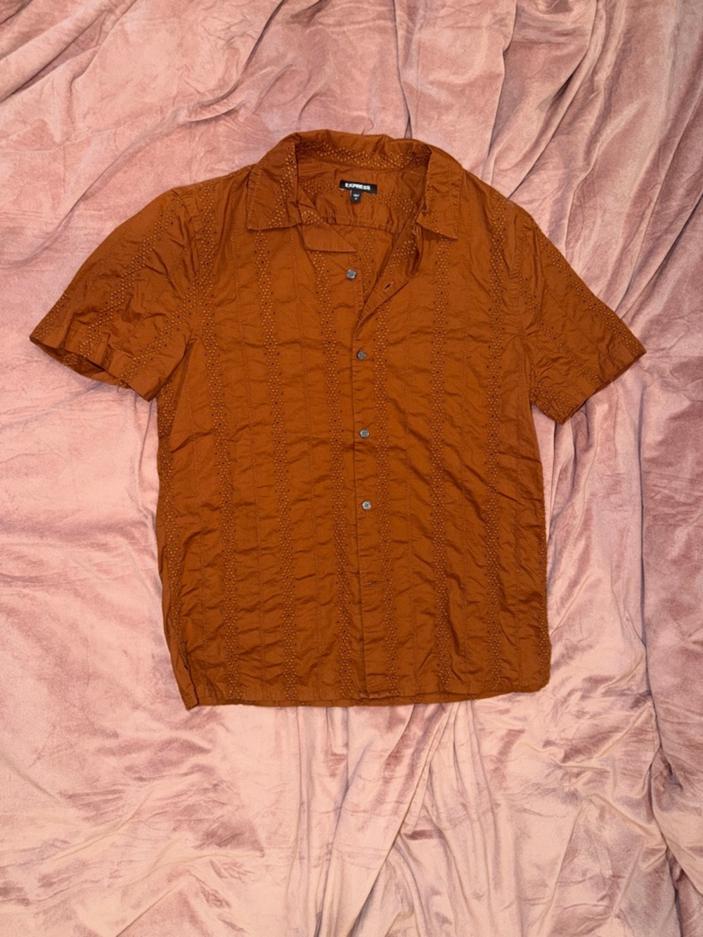 Express Men's Short-Sleeve Textured Button-Up Shirt - Rust Orange